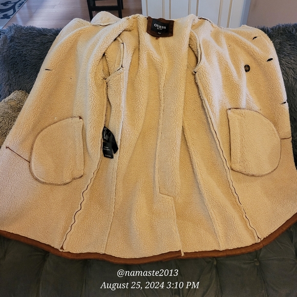 Guess Mens Double-Breasted Faux Shearling Long Coat Faux Suede Faux Fur #678 - Picture 16 of 16